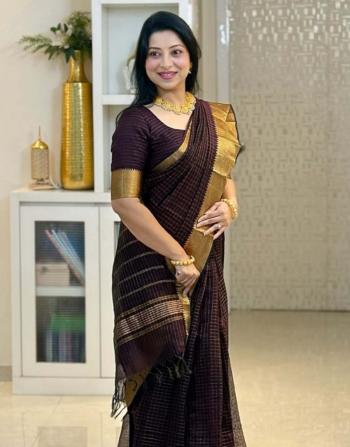 Chocolate Brown Golden Checks Saree