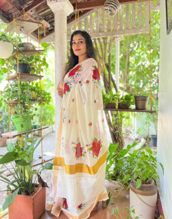 Bright Hibiscus Design Saree