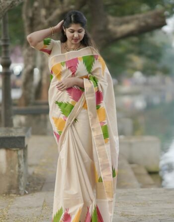 Tri Color Design Golden Tissue Saree