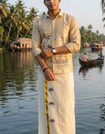 Onam Theme Combo Set (Cotton Shirt & Mundu - Boat Theme)