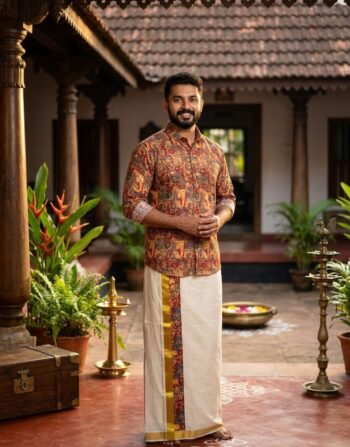 Onam Theme Combo Set (Shirt & Mundu - Mix Artifact)