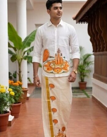 Onam Theme Combo Set (Cotton Shirt & Mundu - Floral Kalam)