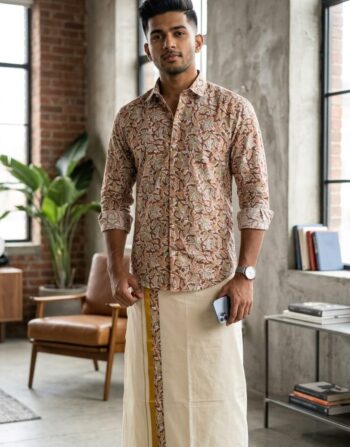 Onam Theme Combo Set (Cotton Shirt & Mundu - Multi Floral)