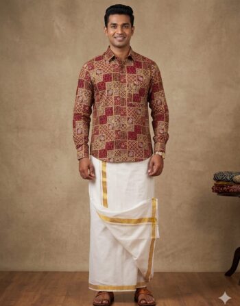 Onam Theme Combo Set (Cotton Shirt & Mundu - Temple Checks)