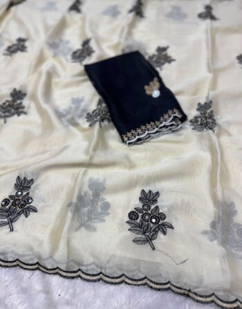 Rangoli Silk Hand Embroidery Saree Contrast Blouse