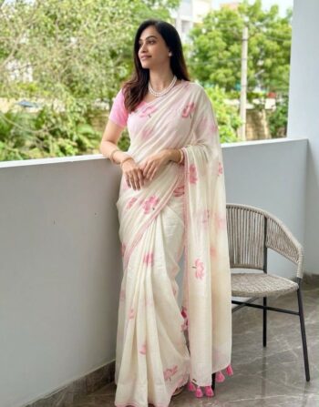 Premium Linen Cotton Saree With Lotus Print