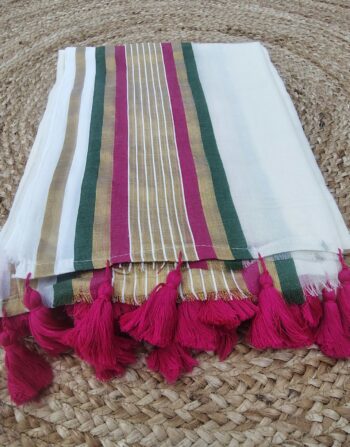 Pink and Green Border Mul Cotton Saree